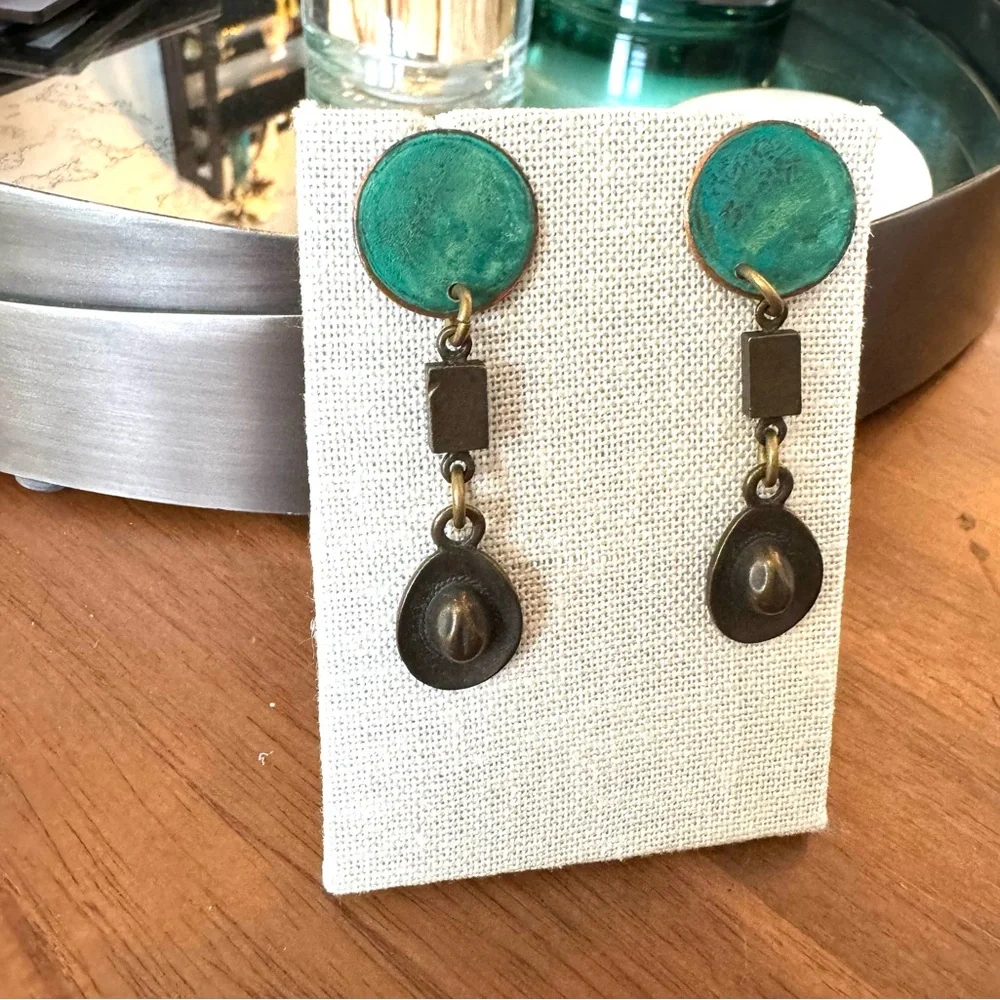 Artisan Copper and Brass Cowboy Hat Earrings